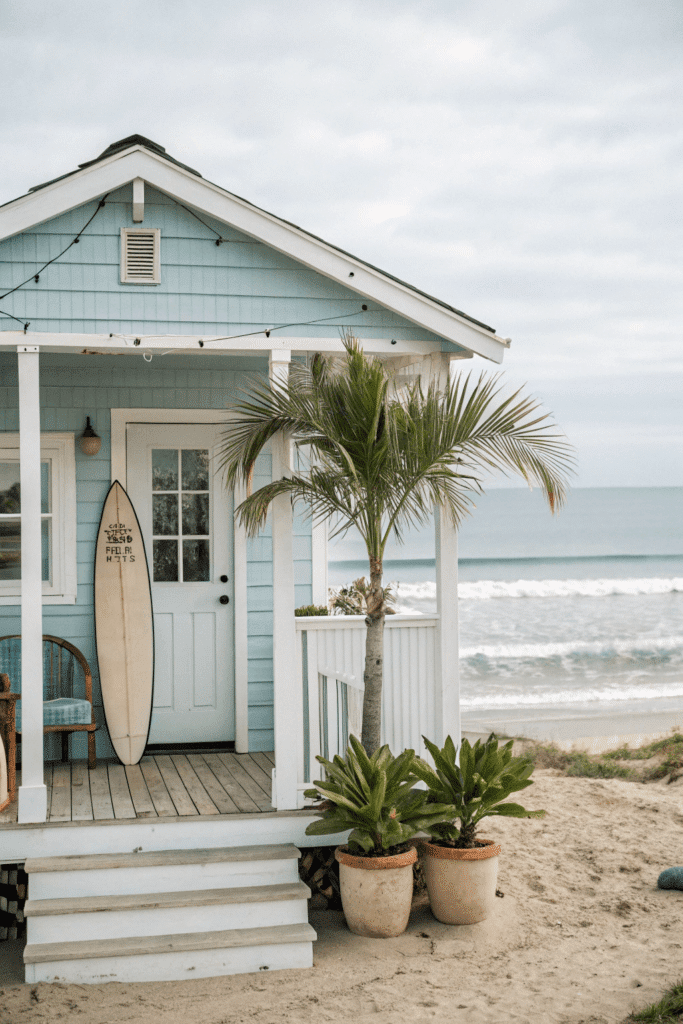 Coastal tiny house A tiny house positioned by the beach, with light blue siding, a nautical-themed white porch, and Cape Cod-style architecture. A surfboard leans against the exterior, and large potted palms decorate the entrance. The backdrop shows waves and a sandy shoreline stretching into the horizon.