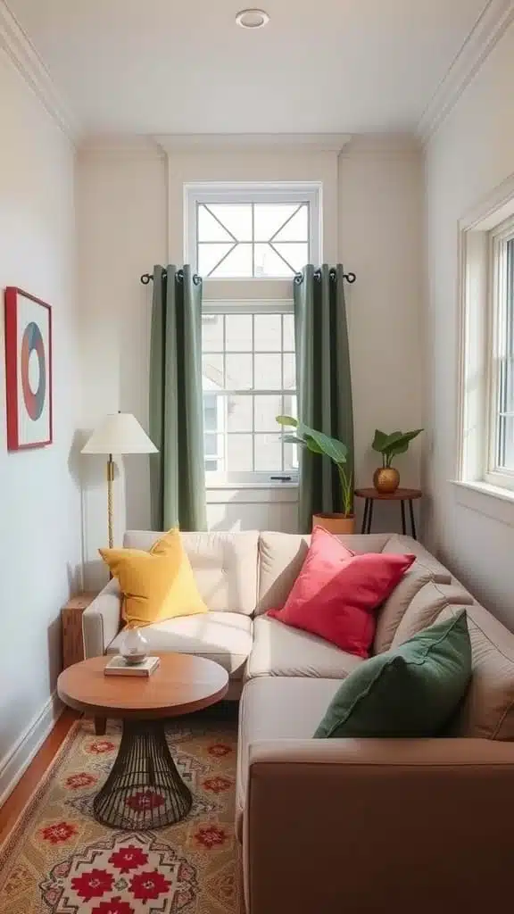 Colorcoordinated_throw_pillows A cozy tiny cottage living room featuring color coordinated throw pillows in various hues