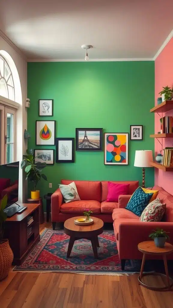 Colorful_accent_walls A cozy living room featuring vibrant green and pink accent walls a coral sofa and colorful artwork