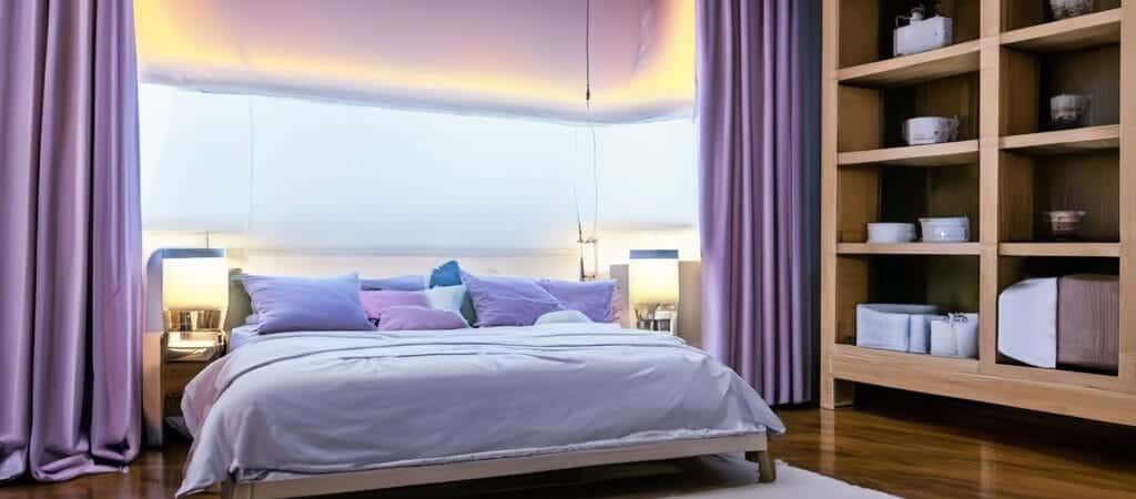 cozy modern small bedroom purple curtains