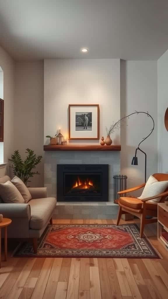 Cozy_fireplace_as_focal_point Cozy living room with a fireplace as the focal point featuring comfortable seating and decorative elements