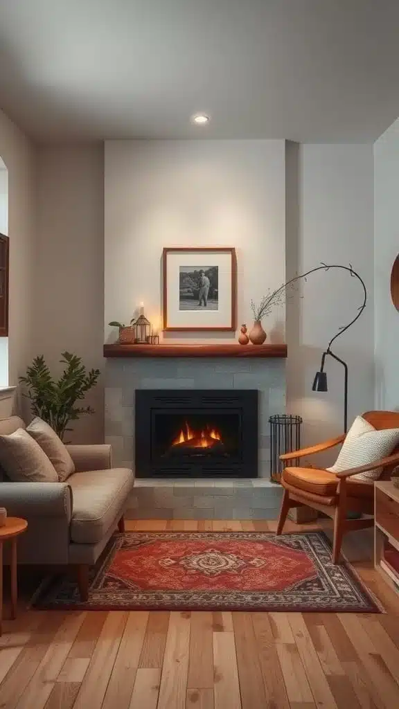 Cozy_fireplace_as_focal_point Cozy living room with a fireplace as the focal point featuring comfortable seating and decorative elements