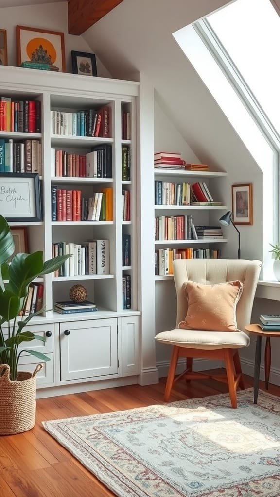 Cozy_reading_nook_with_builtin_shelves Cozy reading nook with built in shelves a comfortable chair and decorative elements