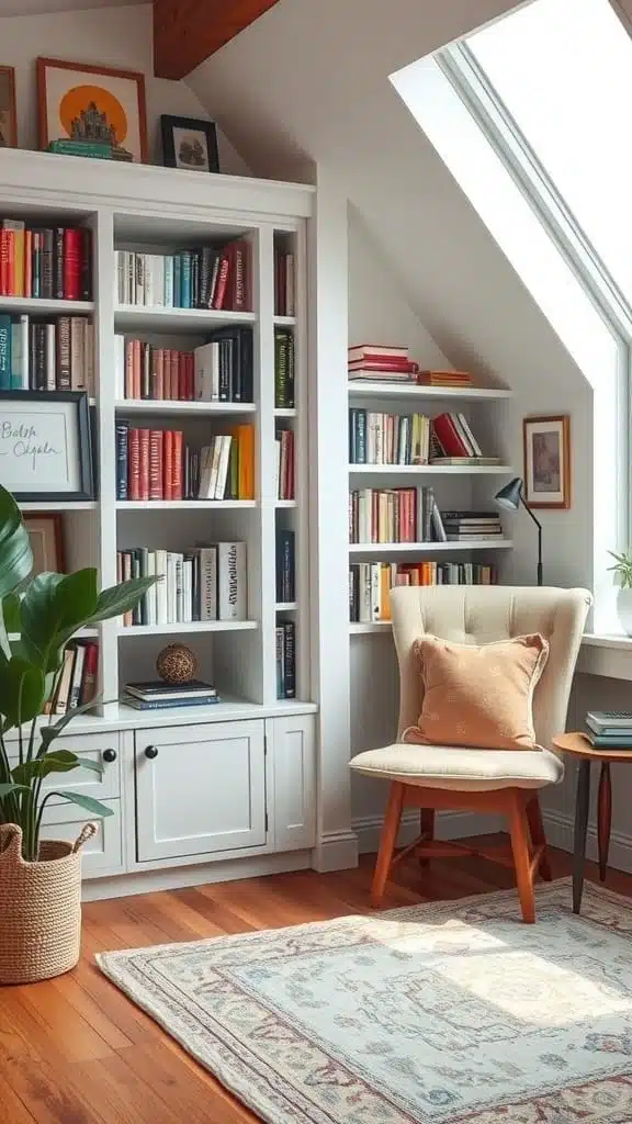 Cozy_reading_nook_with_builtin_shelves Cozy reading nook with built in shelves a comfortable chair and decorative elements