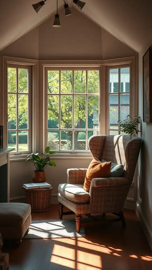 Cozy_reading_nook_with_natural_light Cozy reading nook featuring a comfortable chair natural light from large windows and a small table