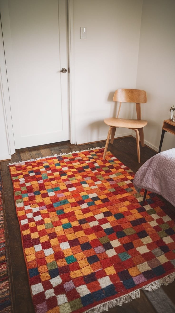 Cozy_rugs_to_define_spaces A colorful patterned rug on a wooden floor in a cozy bedroom setting