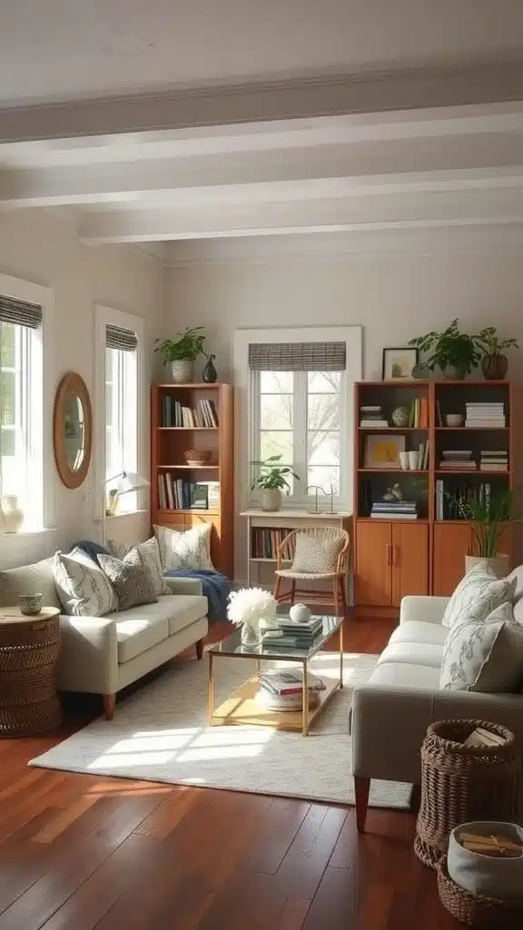 Creative_use_of_corner_spaces A bright and cozy cottage living room featuring two sofas a glass coffee table bookshelves and plants