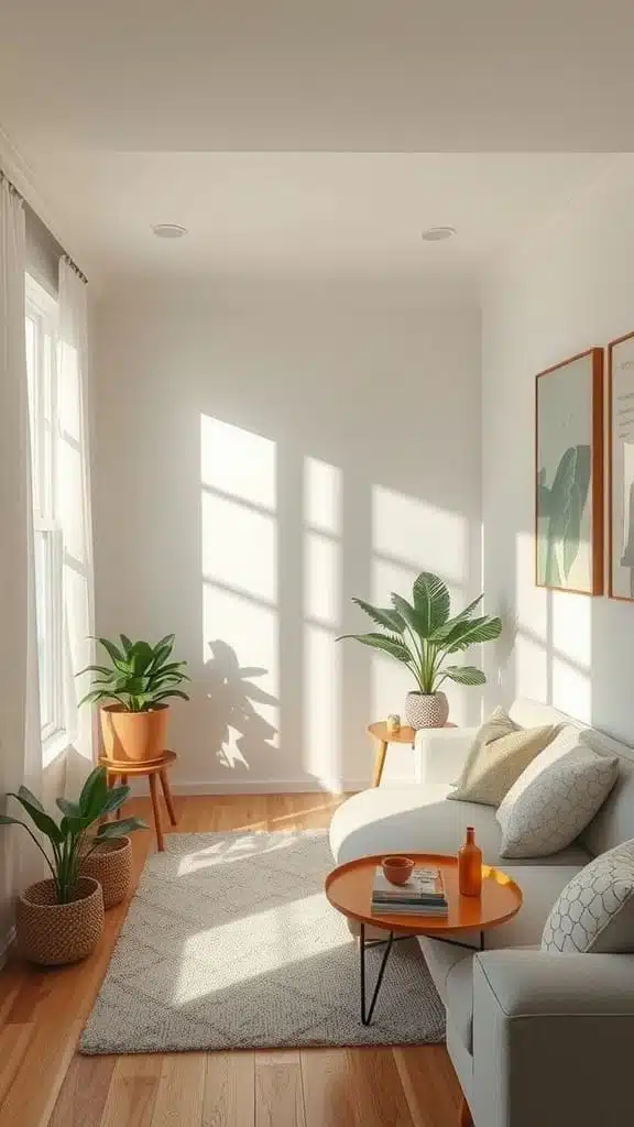 Creative_use_of_mirrors A bright and airy tiny cottage living room with plants and warm sunlight