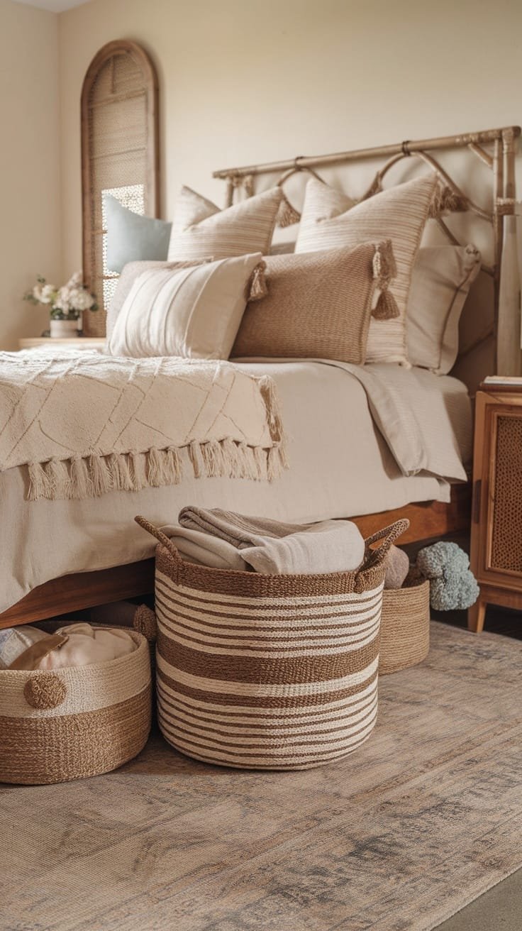 Creative_use_of_space_under_the_bed A cozy boho bedroom featuring storage baskets under the bed