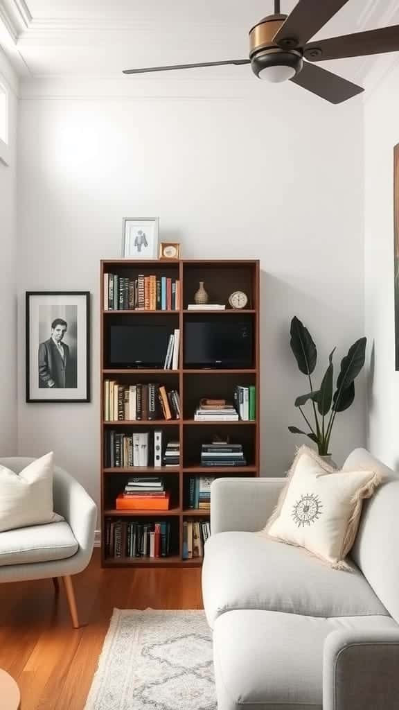 Curated_bookshelf_as_decor A cozy living room with a curated bookshelf featuring books decor items and a plant