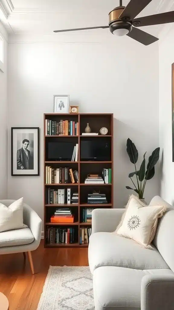 Curated_bookshelf_as_decor A cozy living room with a curated bookshelf featuring books decor items and a plant