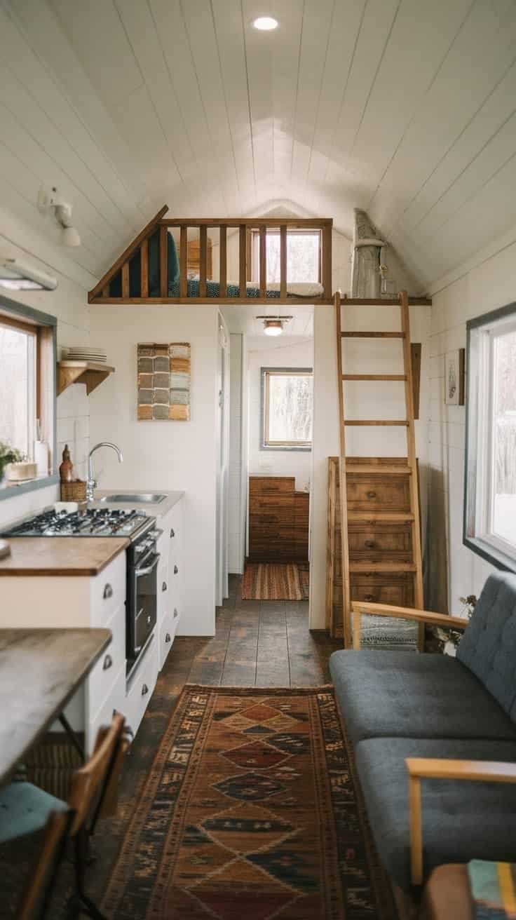 D3968513734546ceb6193e068ecfe722 Interior view of a colonial tiny house showcasing efficient space utilization with a cozy kitchen living area and lofted sleeping space