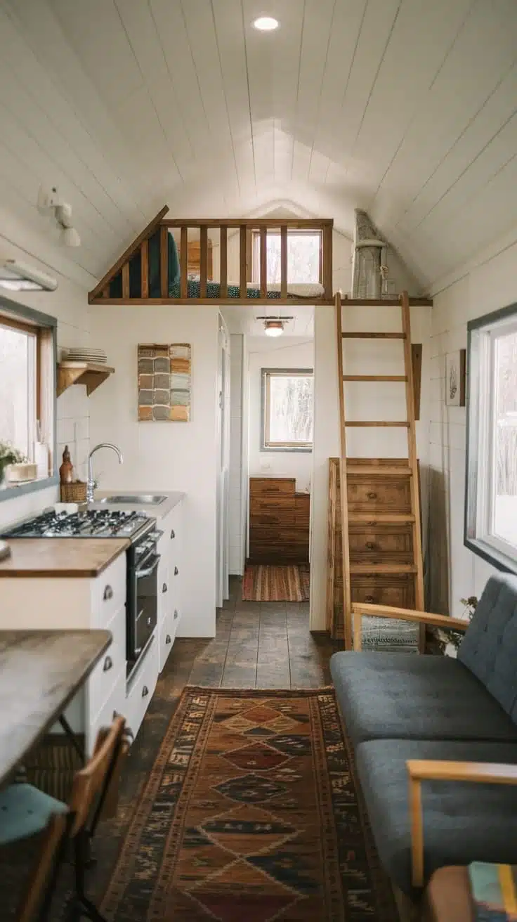 Interior view of a colonial tiny house showcasing efficient space utilization with a cozy kitchen living area and lofted sleeping space