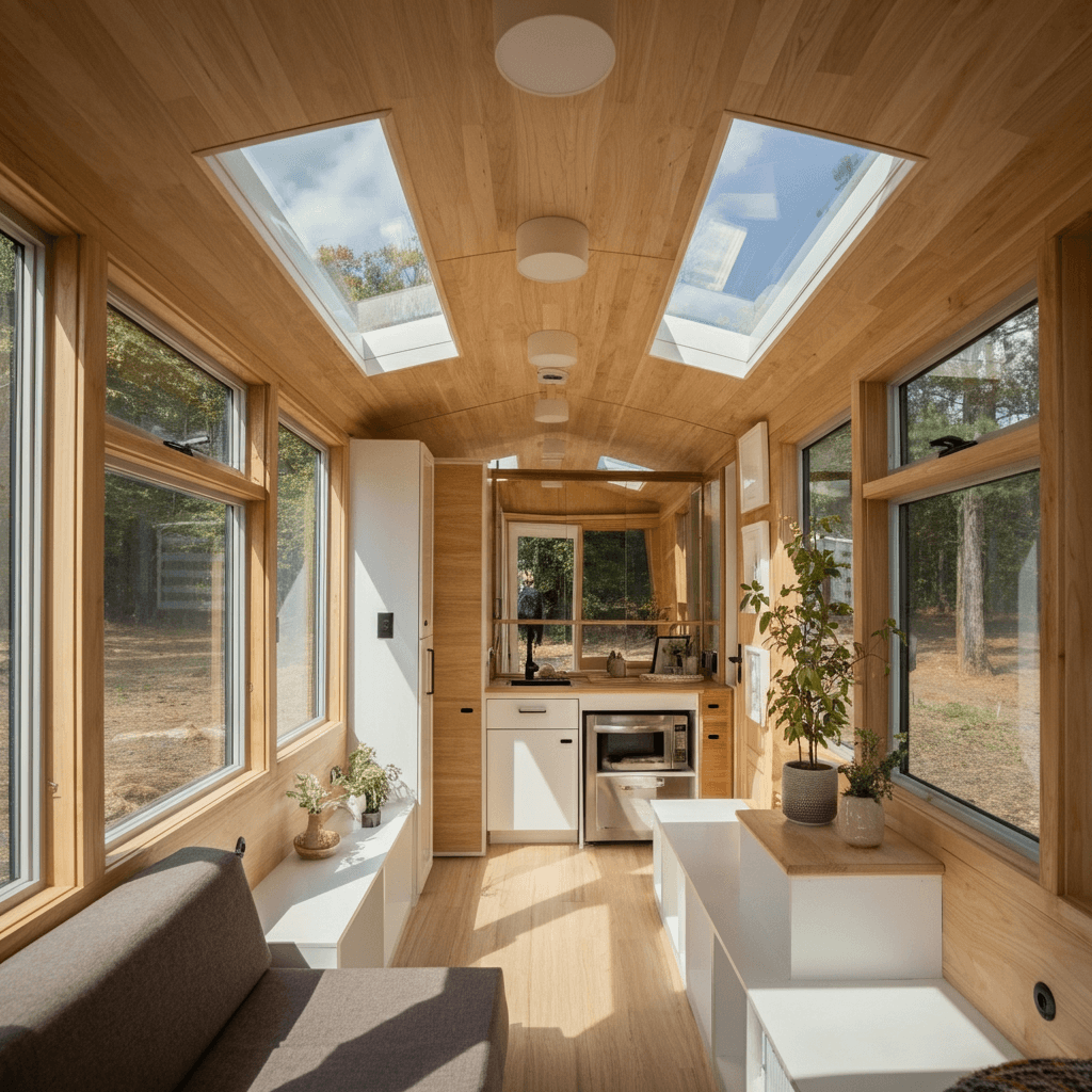 This tiny house interior radiates brightness with large windows and skylights. Light reflects off mirrors and glossy finishes, enhancing the airy feel. The minimalist decor in neutral tones adds to the spacious look, proving that natural light can transform small spaces.