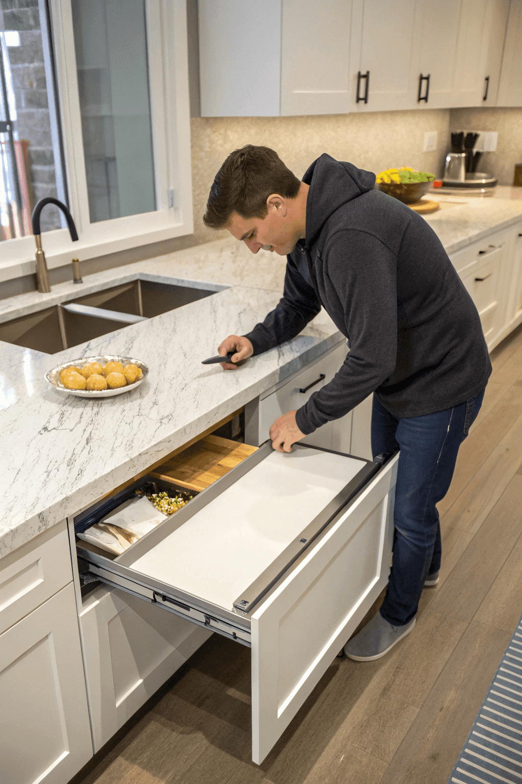 D6ea3c4147344f59a12a0e8bd2a9dac1 A photo of a young Caucasian male in a modern kitchen He is dressed in a gray hoodie and casual gray sneakers The man is engaged in an activity involving an open white pull out drawer The kitchen features a marble countertop various kitchen appliances and a plate with golden brown pastries The cabinets are white and the floor is made of a light colored hardwood Natural light is coming through a window in the background
