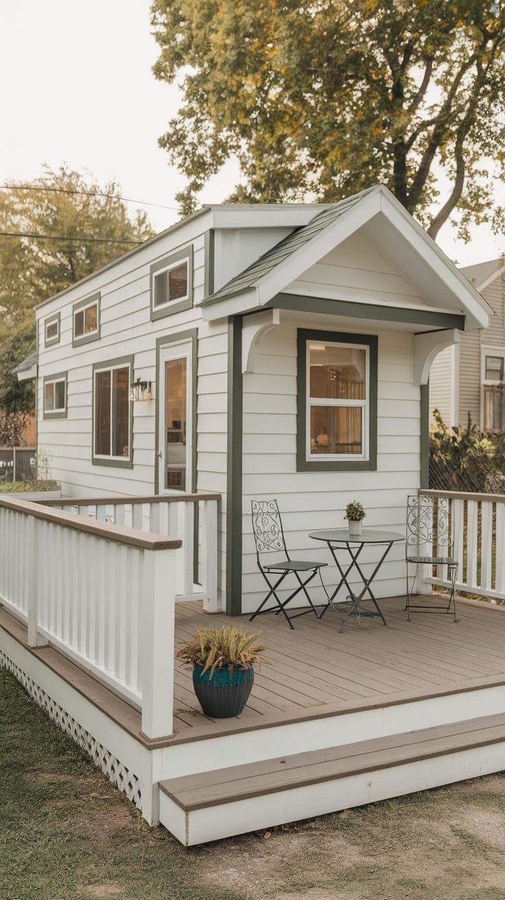 Designing_a_cozy_outdoor_space A cozy outdoor space with a small table and chairs next to a tiny house