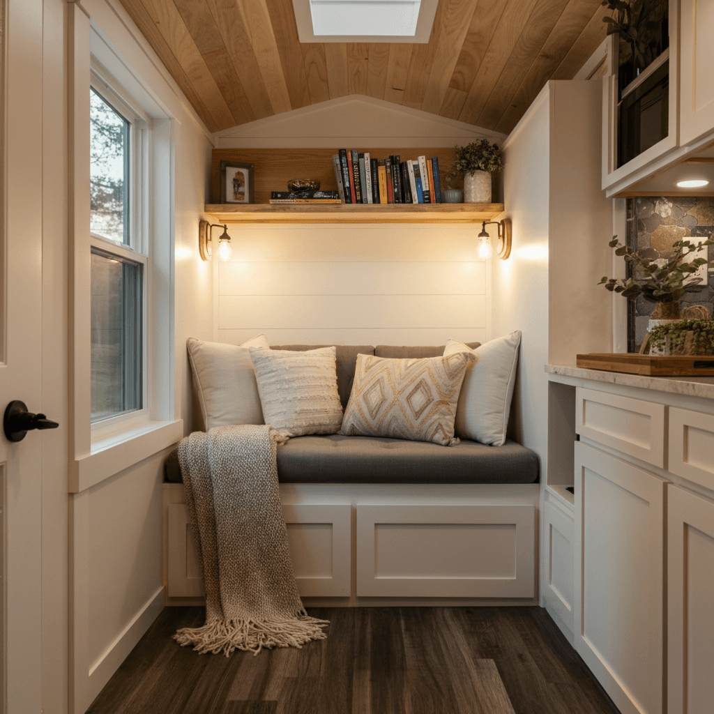Warm and inviting, this reading nook is tucked by a window. A comfy chair, soft cushions, and a cozy throw make it the perfect spot to relax. Simple lighting and plants enhance the peaceful vibe of this little corner.