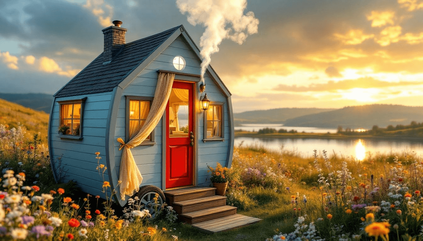 A tiny house on wheels parked in a scenic outdoor setting.