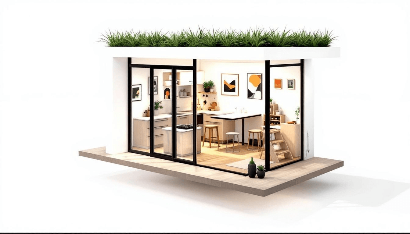 A minimalist tiny house showcasing compact living spaces.