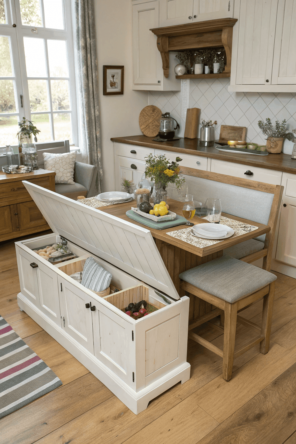 E9aad8b5b0984329aed0ea78d31122ff A photo of a modern kitchen with a wooden table and a series of compartments below the tabletop providing additional storage space The kitchen features a variety of accessories and decorative elements including a vase with fresh flowers a teapot and a striped rug on the floor The room is well lit with natural light streaming in from a large window with a greenish drape The floor is made of wooden planks with a warm natural color palette The overall style is contemporary with a touch of rustic charm