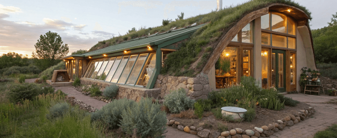 Earthship tiny home with plants around