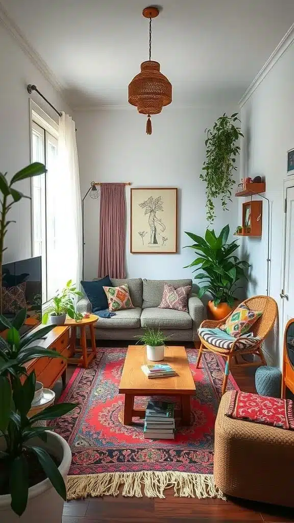 Eclectic_boho_vibes A cozy living room with eclectic boho decor featuring colorful cushions plants and a rustic coffee table