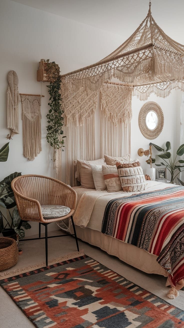 Eclectic_mix_of_patterns A cozy small boho bedroom featuring a colorful bedspread patterned rug macramé wall hangings and greenery
