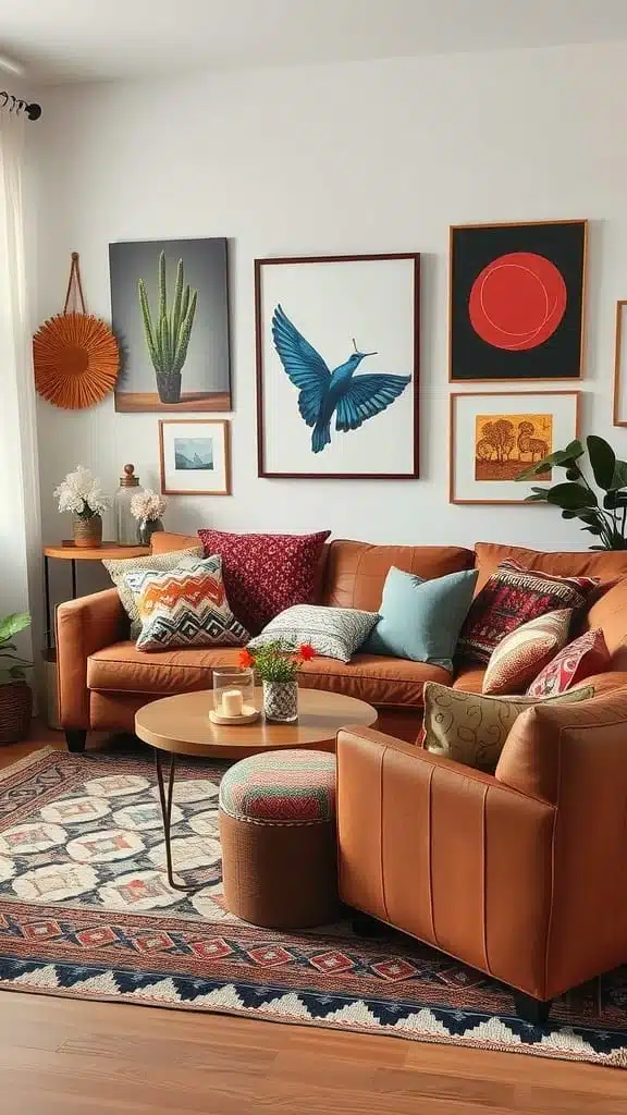 Eclectic_mix_of_textures_and_patterns Cozy living room with eclectic decor featuring colorful cushions patterned rug and unique wall art