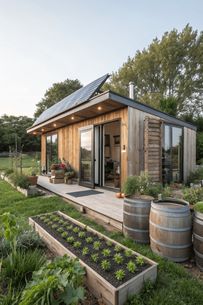 Eco tiny house A modern, eco-conscious tiny house with solar panels on the roof and a garden of herbs and vegetables in raised beds surrounding the property. The exterior is made from reclaimed wood, with sliding glass doors opening out to a shaded outdoor area with rainwater collection barrels.