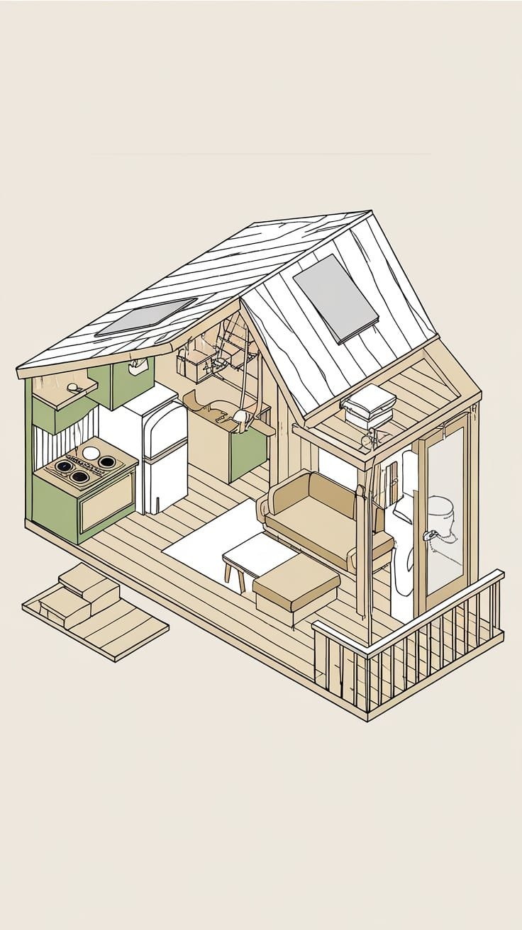 Essential_features_of_a_tiny_house_park_model Illustration of a tiny house park model showing a cozy layout with kitchen living area and sleeping space