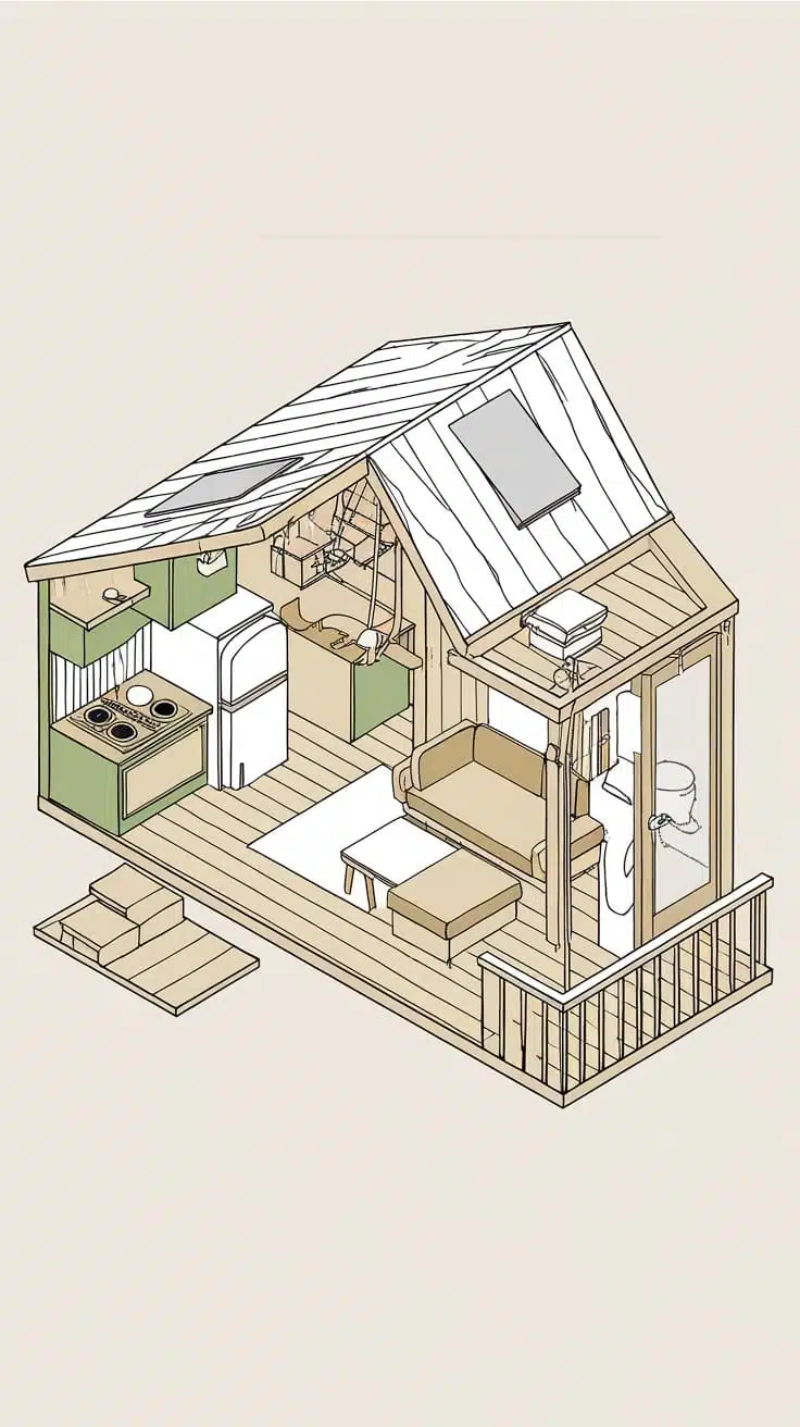 Essential_features_of_a_tiny_house_park_model Illustration of a tiny house park model showing a cozy layout with kitchen living area and sleeping space