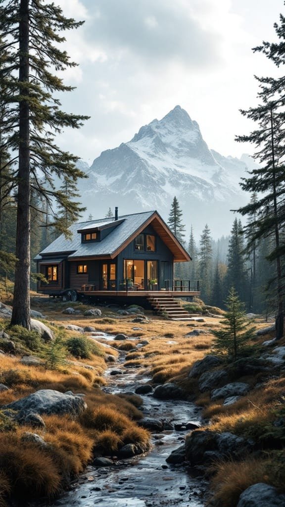 Exploring_tiny_house_innovations A tiny house situated by a stream with mountains in the background showcasing tiny house nature