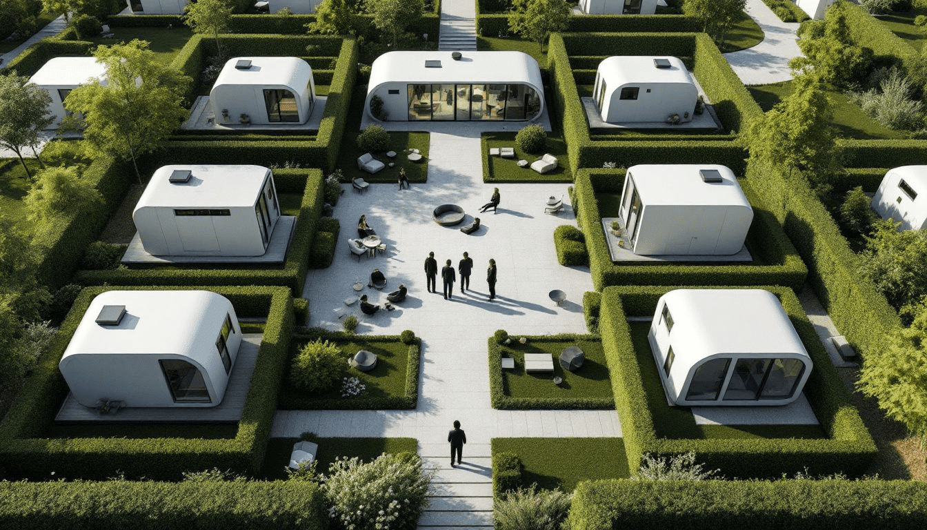 A gathering of people discussing the tiny house movement.