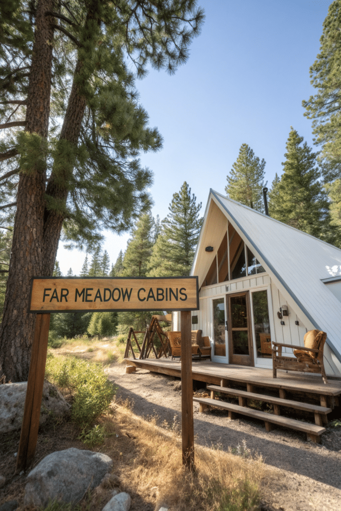 Far meadow cabins a frame cabin in white exterior that shows a sign saying far meadow cabins