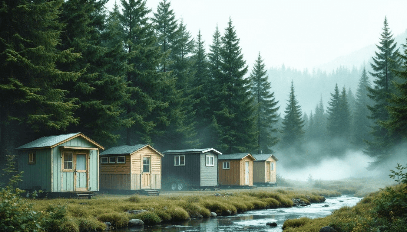 Tiny homes on wheels parked in a serene location.