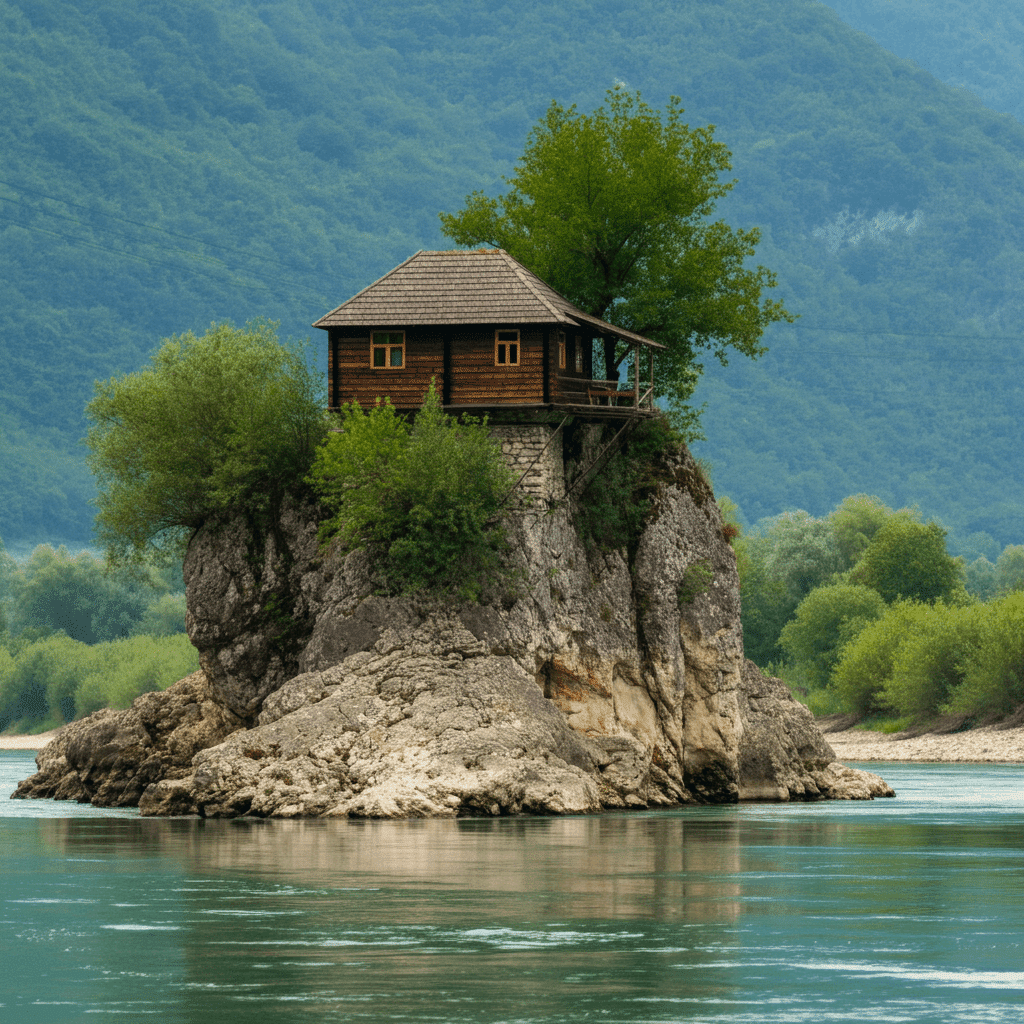 Colorful little house on the rock on the middle of the river