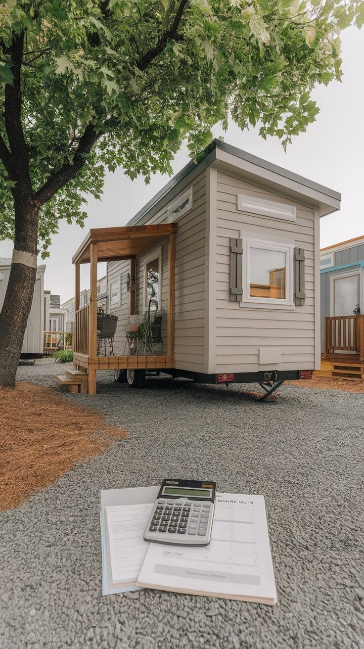 Financial_considerations_for_tiny_house_living A tiny house park model with a calculator and financial documents in the foreground