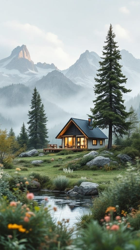 Finding_balance_with_nature A tiny house in nature surrounded by mountains and trees