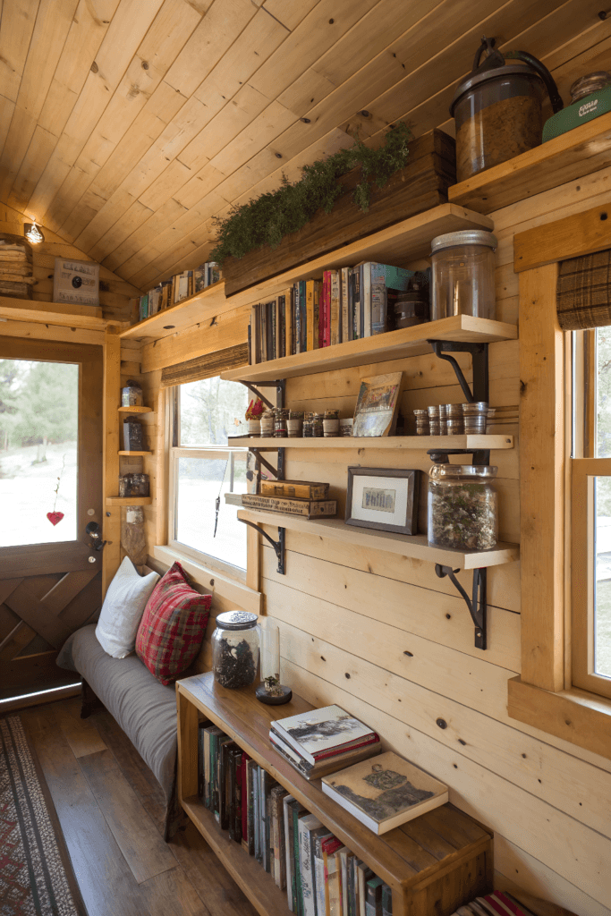 Floating shelves floating shelves with books in a cozy cabin