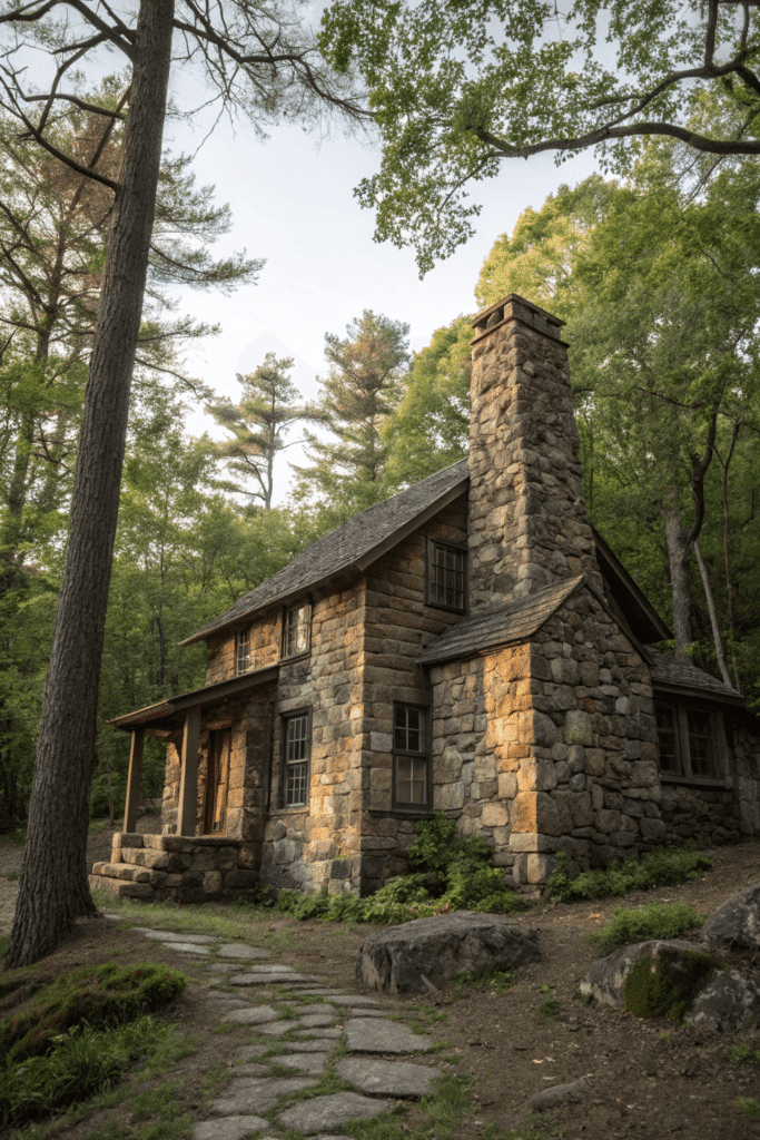 Forest hideaway A stone home, tucked into a quiet forest. The rustic stone blends right into the surrounding trees. A stone chimney and wood-burning stove promise warmth and serenity.
