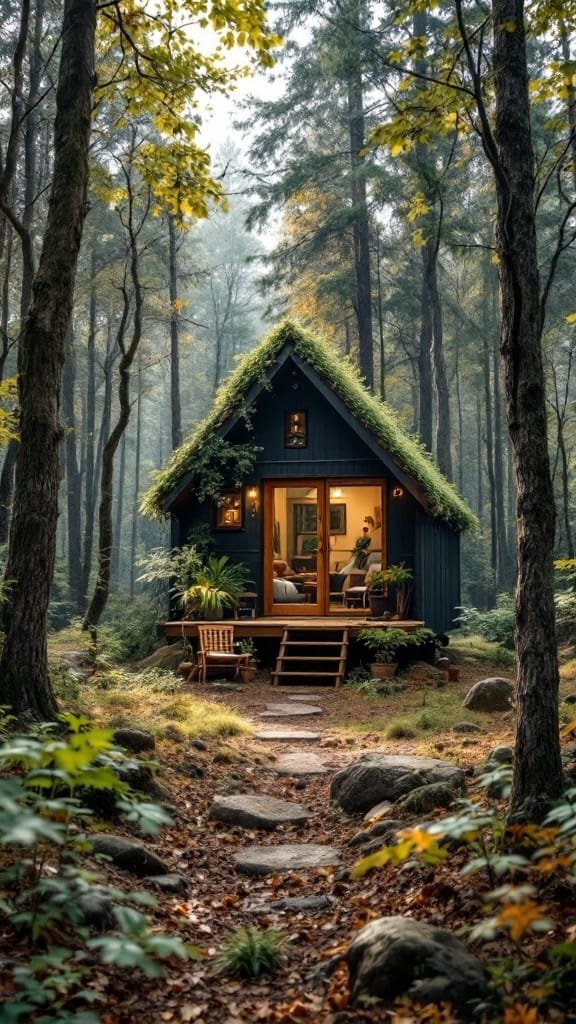 Forest_bathing_and_tiny_homes A cozy tiny house in the forest surrounded by trees and foliage