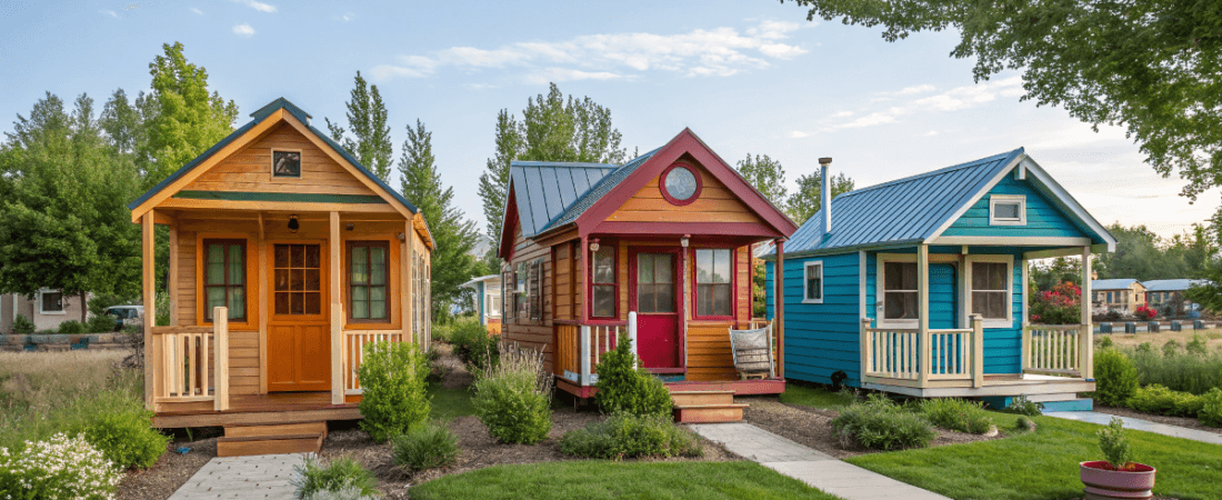 tiny homes different colors on a grass garden
