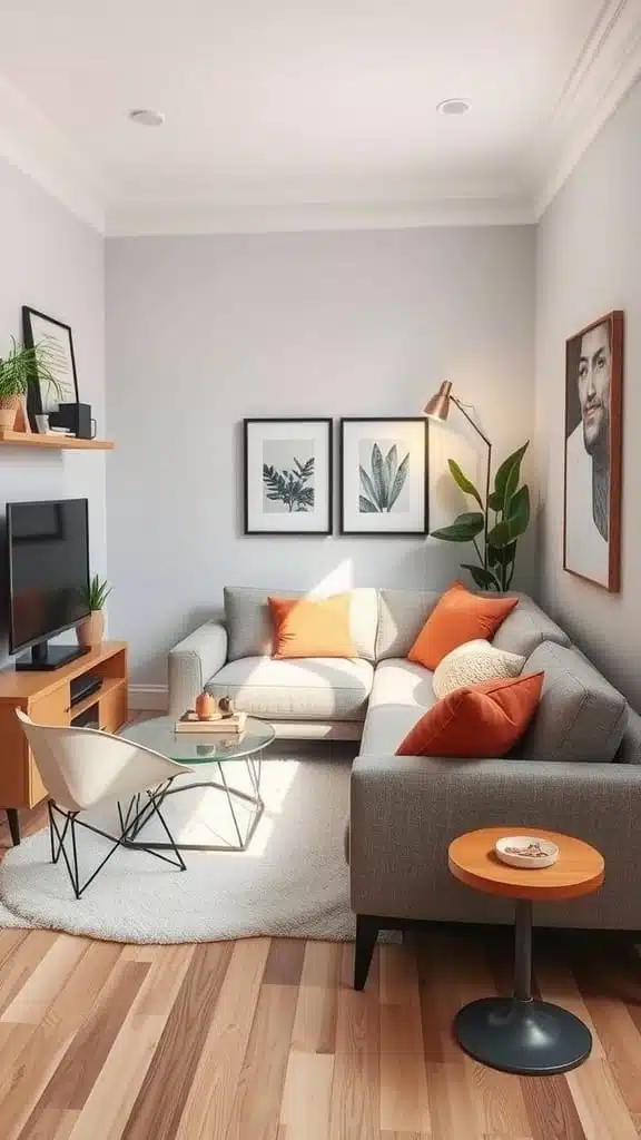 Functional_corner_sofa_arrangement A cozy cottage living room featuring a corner sofa with orange cushions a glass coffee table and wooden accents