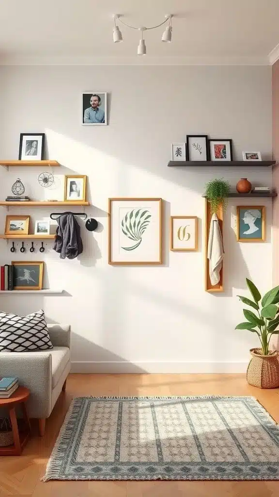 Functional_use_of_wall_space A cozy cottage living room with wall shelves displaying art and decor a couch and a plant
