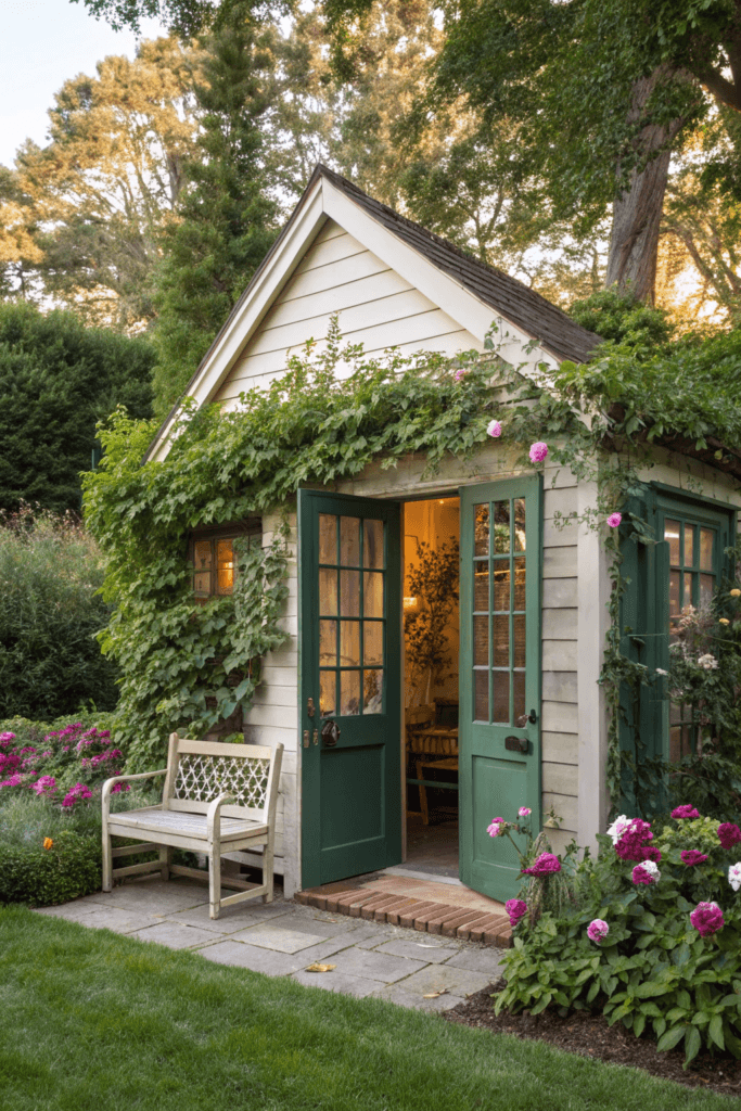Garden shed A small but charming converted garden shed with Gable-style architecture. The house is set among a vibrant flower-filled yard, with vines creeping up the siding. Large French doors, painted a bold green, lead into the interior, and a rustic bench sits just outside.