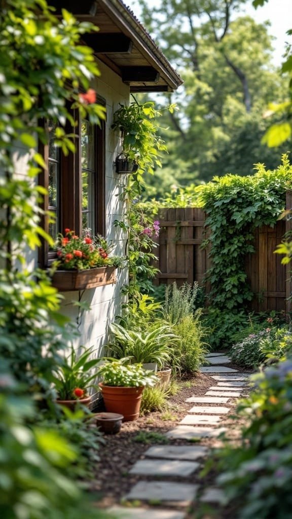 Gardening_in_a_tiny_space Pathway leading to a tiny house surrounded by lush greenery and colorful flowers