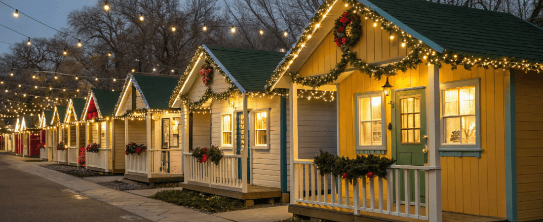 tiny homes all lined up with lights