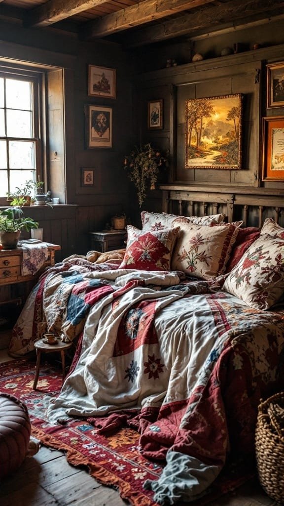 Handcrafted_quilts_and_textiles Cozy cabin interior with handcrafted quilts and textiles on the bed