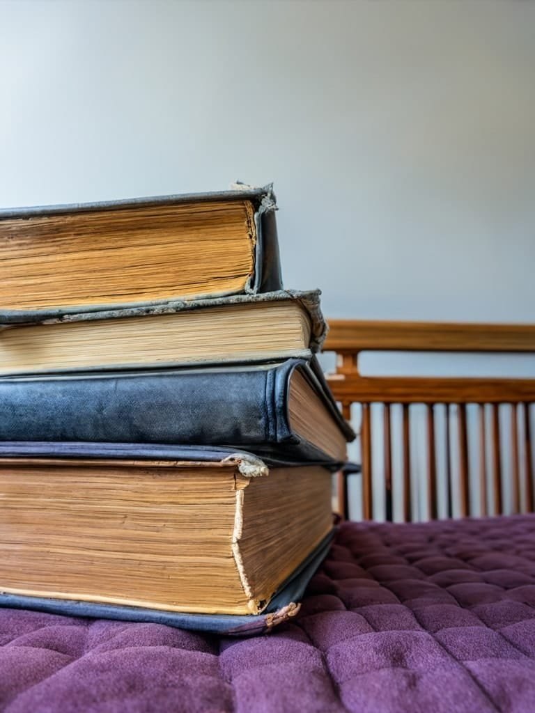 Image Books stacked on a bed