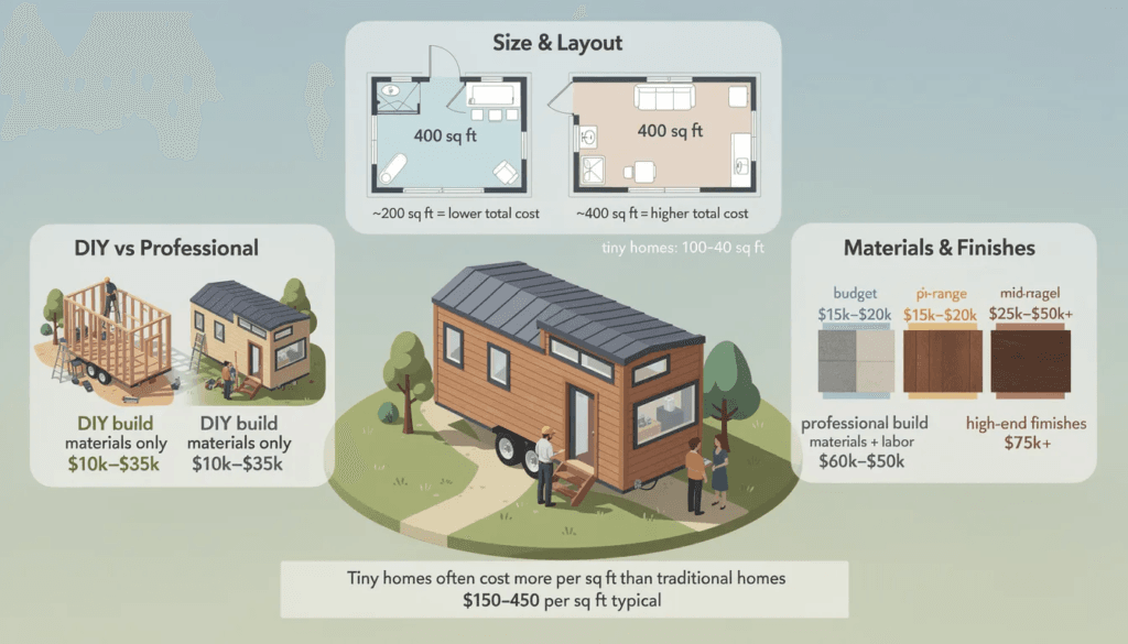 Image The image illustrates various factors affecting tiny house costs showcasing a split view of a DIY tiny home project on one side and a professionally built tiny home on the other It highlights elements such as building materials labor costs and square footage emphasizing the financial considerations for tiny homeowners looking to build their own tiny home